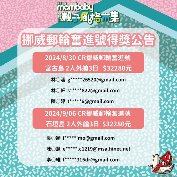 【得獎公告】逛mombaby親子風格市集！抽郵輪之旅 NCL挪威奮進號遊輪雙人行