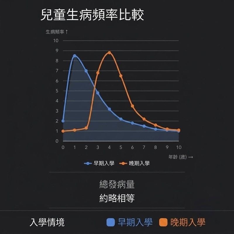 從圖表可看出,早入學或晚入學兩者生病總數是差不多的。