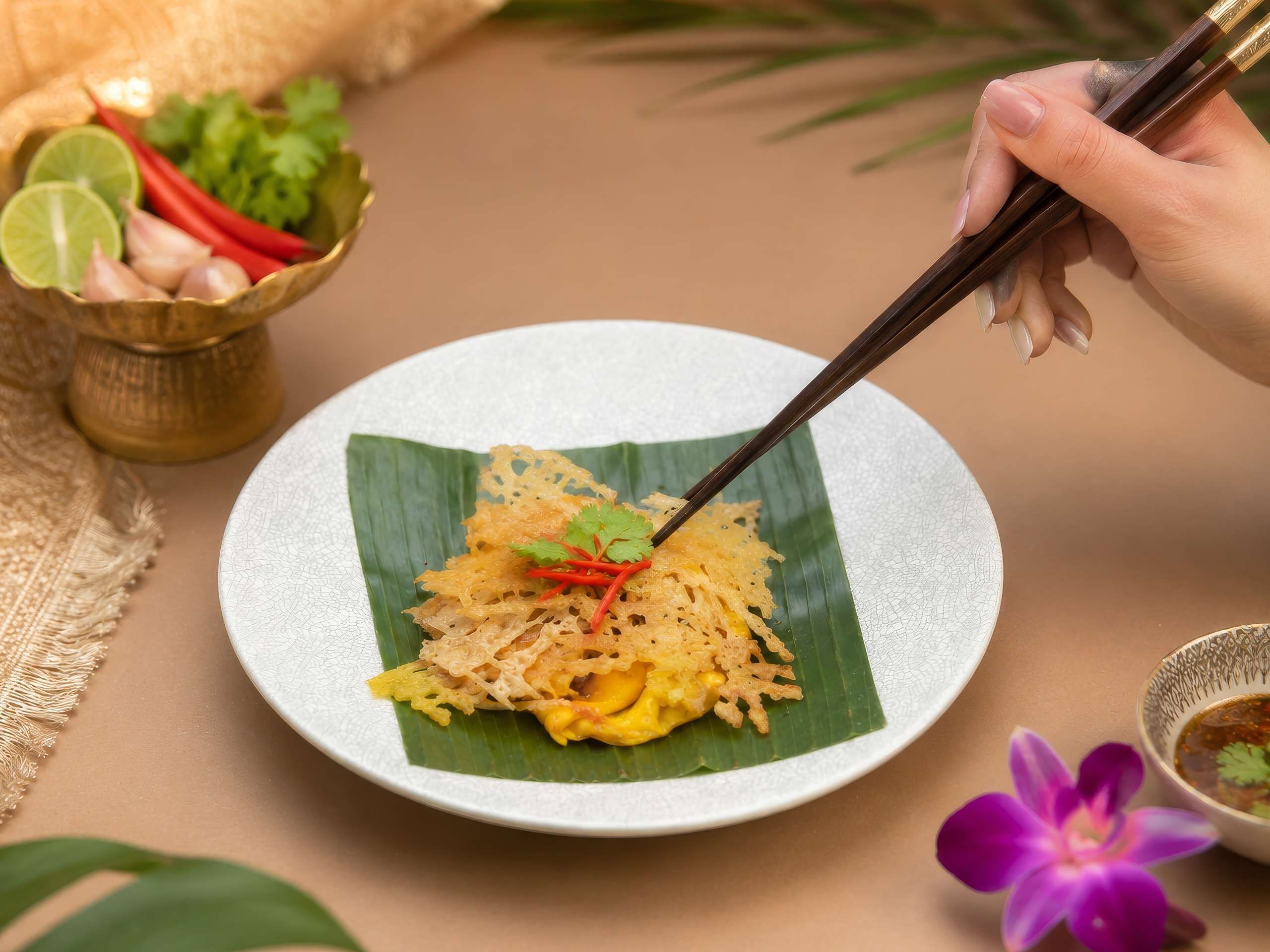 現點現做的「泰式蠔煎」,將鮮嫩海味與金黃酥香完美結合,帶您一秒感受最道地的曼谷街頭美食記憶。圖/台北遠東香格里拉提供