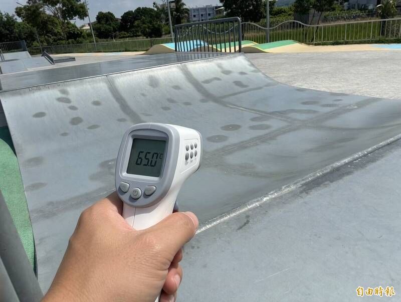 有記者實測,員林中午溫度34度,但滑板場鐵板溫度高達65度!