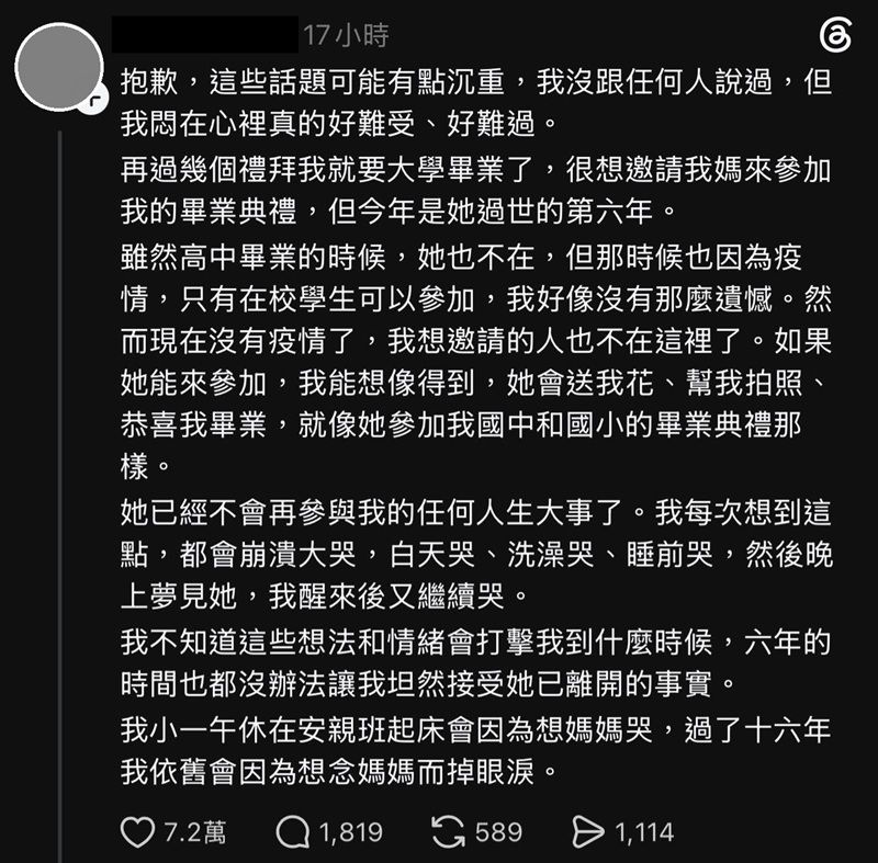 原PO在Threads上抒發對亡母的思念。