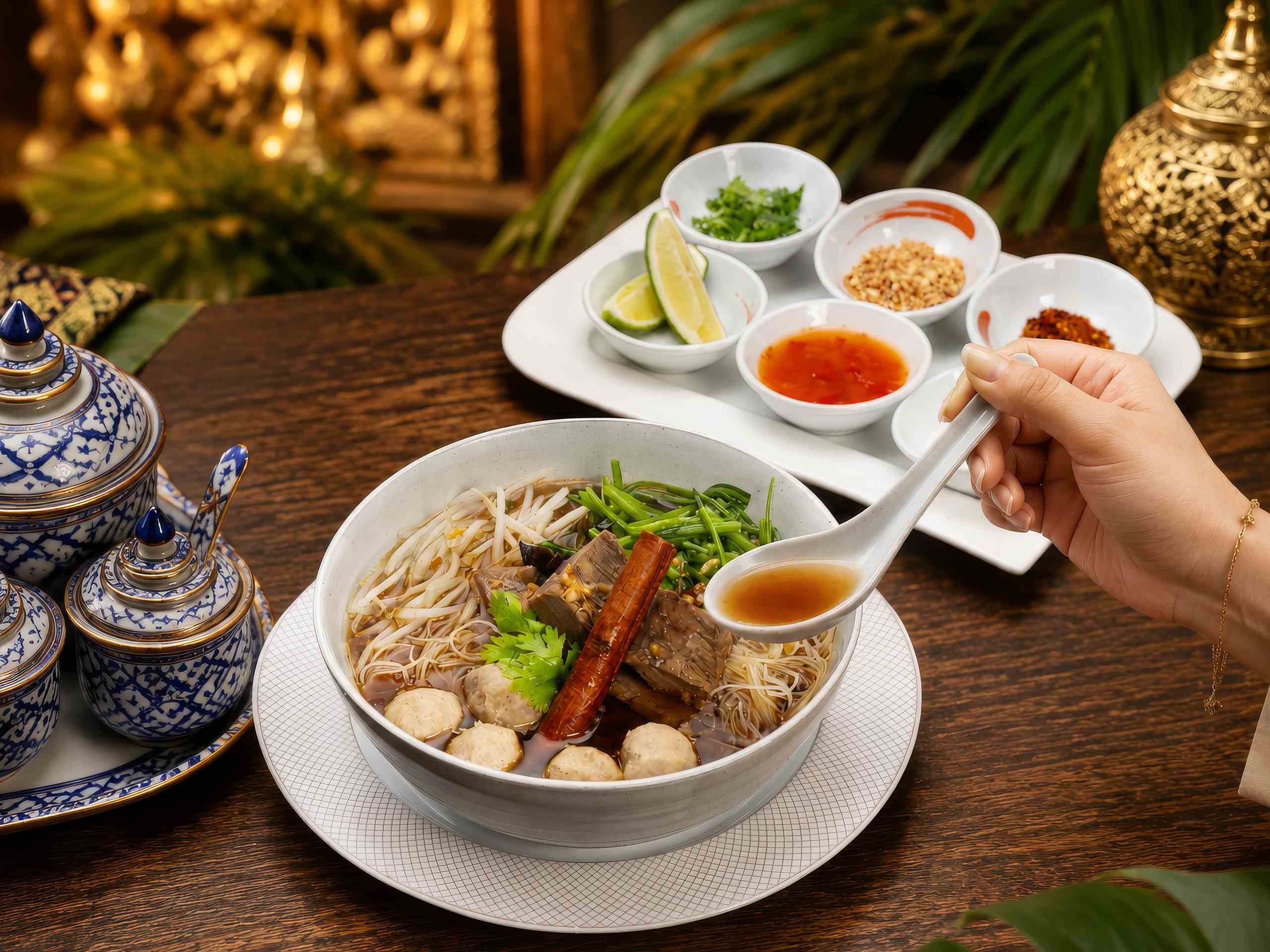 湯頭濃郁香醇的「泰式牛肉麵」,慢熬入味的肉塊搭配吸附滿滿精華的麵條,暖心又暖胃。圖/台北遠東香格里拉提供