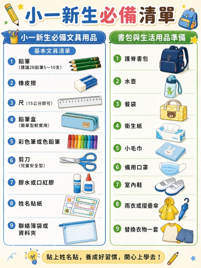 小一新生開學準備用品
